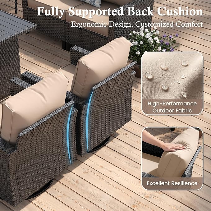 Amopatio Patio Furniture Set with Fire Pit Table, Wicker Outdoor Sectional Sofa with Swivel Rocker Chairs, All-Weather Rattan Conversation Set, Waterproof Cover for Backyard, Deck Black/Khak 6 PCS