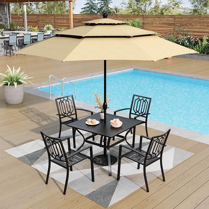 PHI VILLA 5 PCS Patio Dining Set w/ 10ft Umbrella | 1 Square Metal Table& 4 Metal Outdoor Stackable Chairs&1 10ft 3 Tier Auto-tilt Umbrella