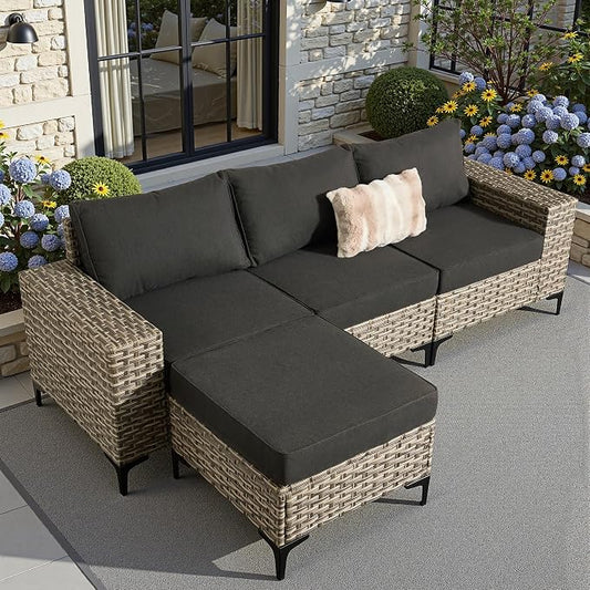 4 Pcs Patio Outdoor Furniture Set - All Weather Wicker Outdoor Sectional Sofa Couch with Ottoman,Patio Modular Rattan Conversation Set for Garden Deck Yard,Black