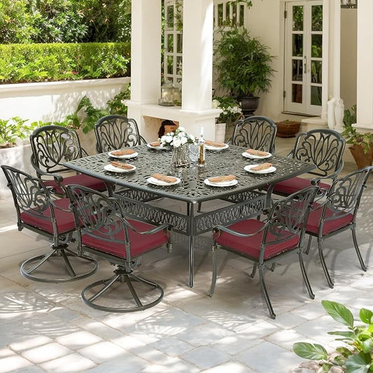9-Piece Patio Cast Aluminum Dining Set, Outdoor Dining Furniture Set for 8 Person, Includes 64" Square Table, 4 Stationary and 4 Swivel Dining Chairs with Umbrella Hole, Red