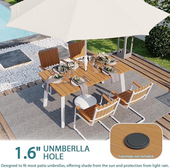 5 Piece Outdoor Conversation Set for 4, HDPE Patio Seating Set with Table and Chairs, All-Weather Outdoor Lounge Furniture with Umbrella Hole for Garden, Porch, Poolside, White & Teak