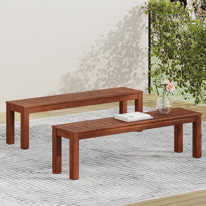 69'' Outdoor Patio Dining Table & 2 Bench for 4, Acacia Wood Farmhouse Dining Table Set Outdoor & Indoor Furniture for Patio Porch Garden, 3-Pcs, Dark Brown