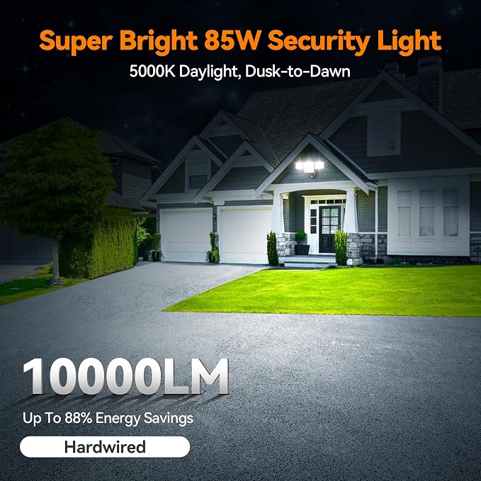 85W 10000LM Dusk to Dawn Outdoor Lighting, 4-Head Super Bright LED Flood Light, 5000K Daylight, IP65 Waterproof Hardwired Exterior Security Light for House Garage, Yard, Backyard (Black)