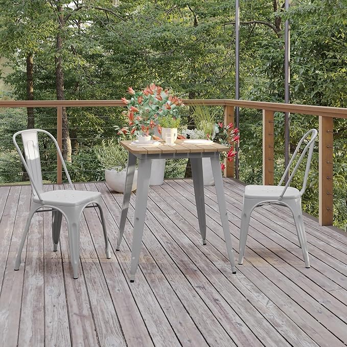 Flash Furniture Declan Commercial Outdoor Dining Table, All Weather Poly Resin Top with Steel Base, 23.75" Square, Brown/Silver