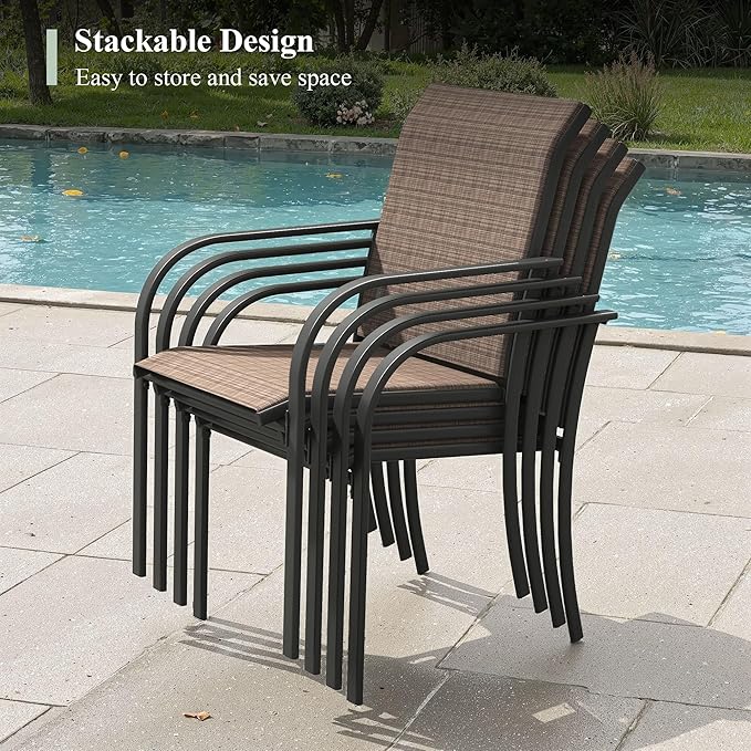 Patio Table and Chairs Set for 8, Outdoor Dining Set with 8 Stackable Dining Chairs and 53" x 53" Metal Slatted Round Dining Table for Porch, Deck, Lawn, Garden, Brown & Black