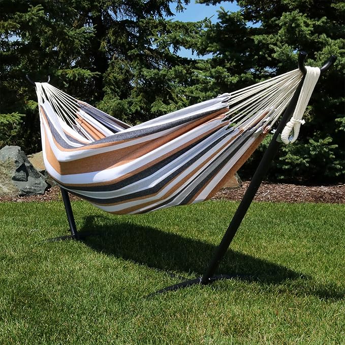 Sunnydaze Double Brazilian Hammock with Stand and Carrying Case - 400-Pound Capacity - Black Stand - Calming Desert