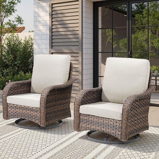 2 PCS Swivel Rocker Patio Chairs, 360° Swivel & Glide Outdoor Wicker Furniture, 4" High Back Thick Cushions with Lumbar Support, 300 lbs Heavy Duty Porch Chairs for Small Space, Grey