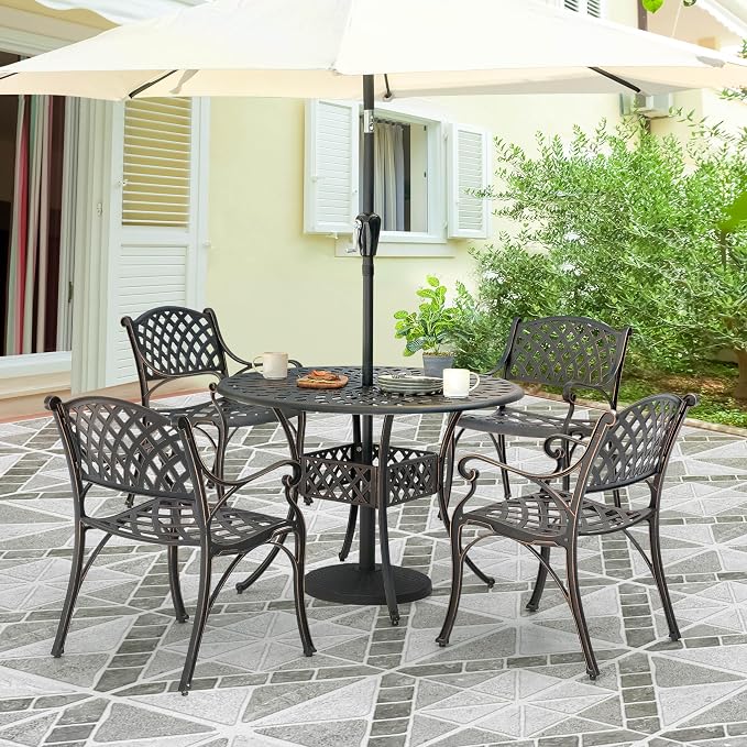 NUU GARDEN 5 Piece Outdoor Patio Dining Set, Cast Aluminum Round Dining Table with Umbrella Hole and Patio Dining Chairs for Patio, Garden, Backyard, Balcony, Black with Gold-Painted Edges