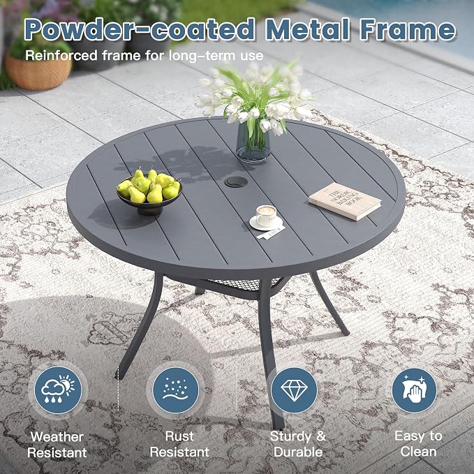 DIFY 48" Round Patio Dining Table for 6, All Weather Round Outdoor Metal Dining Table with 1.57" Umbrella Hole, Perfect for Backyard Lawn Garden, Grey