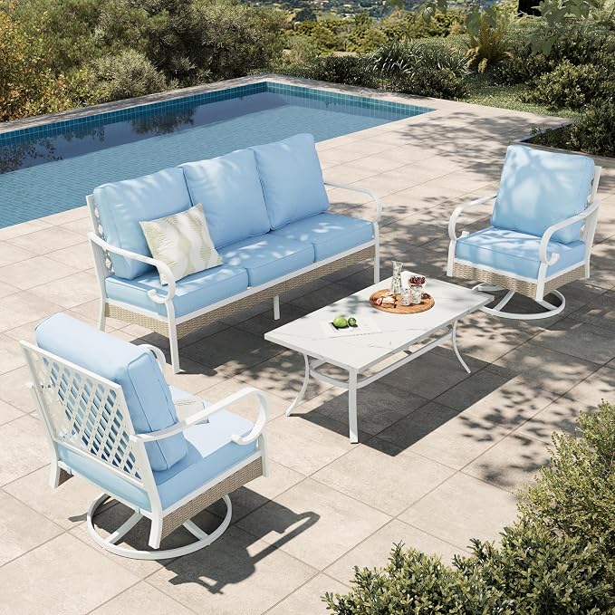 HERA'S HOUSE Patio Furniture Set with Metal & Rattan Design 4 Pieces, 2 x Swivel Chairs, 1 x 3-Seat Sofa & Marble Coffee Table, All-Weather Outdoor Conversation Set for Garden Backyard Lawn, Blue