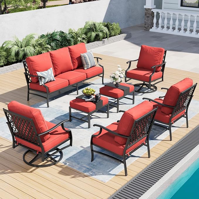 SUNSHINE VALLEY 7 Piece Metal Outdoor Patio Furniture Set, Patio Conversation Sets 1 3-Seater Sofa, 2 Fixed Chairs, 2 Swivel Chairs, 2 Ottomans with 5.75" Thick Cushion, Black Backyard Furniture, Red