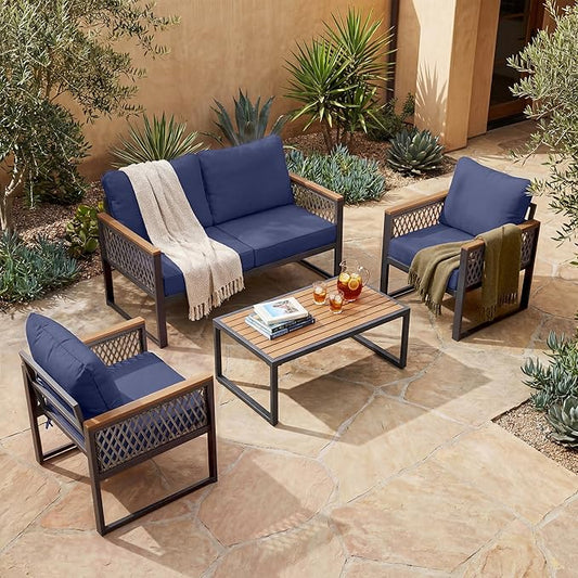 UPHA 4 Pieces Patio Furniture Set, Metal Outdoor Sectional Couch Set with Loveseat Sofa, 2 Chairs, Coffee Table, Modern Patio Conversation Set for Porch Balcony Deck, 4 Seats, Navy Blue
