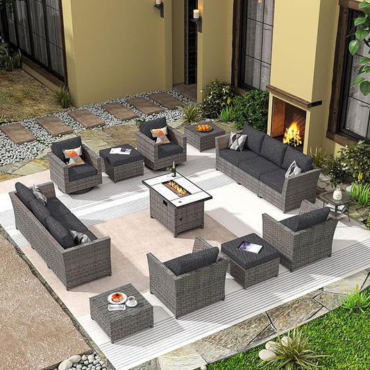 CAODOC 16 Pieces Patio Furniture Conversation Set with 42" Fire Pit Table Rocking Chair Outdoor Sectional Gray Wicker Sofa Set