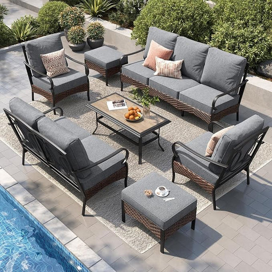 PHI VILLA Patio Furniture Set, Extra Large Wicker & Metal Outdoor Conversation Set Patio Sectional Sofa Set with Fixed Chair & Waterproof Thick Cushions for Porch, Poolside, Deck(7 Pieces, Grey)