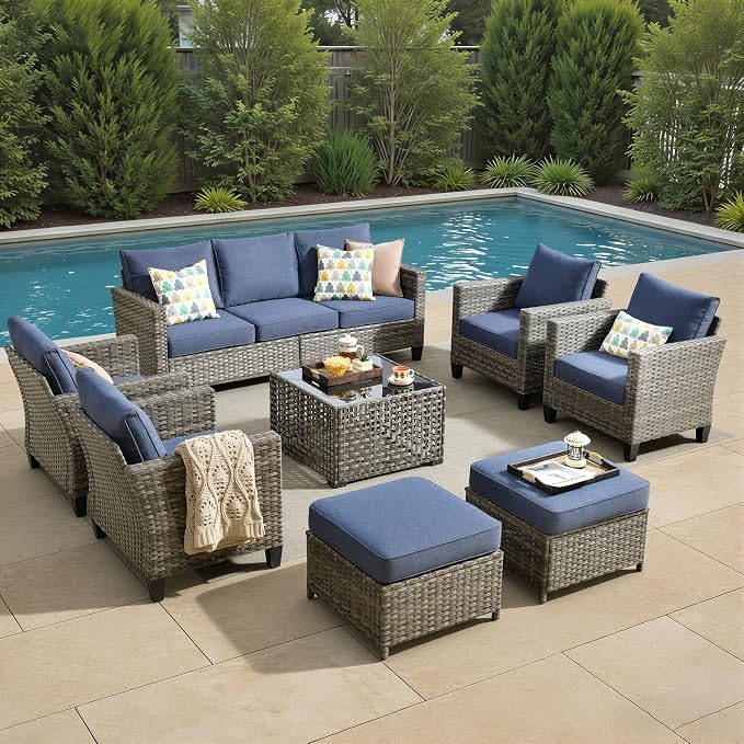 8 Piece Wicker Patio Furniture Set with Solar Table, Denim Blue | Outdoor Deep Seating Sofa Chair Ottoman, Solar Lights Table, All Weather Rattan, Modern Conversation Set, Porch Deck Backyard