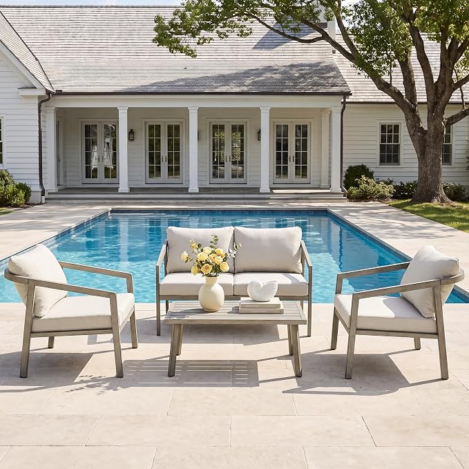 4-Piece Patio Sofa Set, Never-Rust Aluminum Patio Furniture with Thick Removable Cushions, Outdoor Conversation Set with 2 Armchairs, Loveseat & Table for Garden Deck Pool Poolside (Taupe)