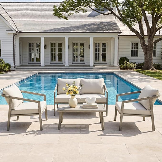4-Piece Patio Sofa Set, Never-Rust Aluminum Patio Furniture with Thick Removable Cushions, Outdoor Conversation Set with 2 Armchairs, Loveseat & Table for Garden Deck Pool Poolside (Taupe)