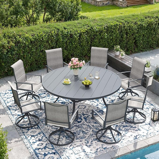 DIFY 9 Piece Outdoor Patio Dining Set for 8, 60" Round Metal Dining Table and Swivel Patio Chairs with Padded Textilene, All-Weather Outdoor Furniture Set for Garden Backyard Porch, Grey