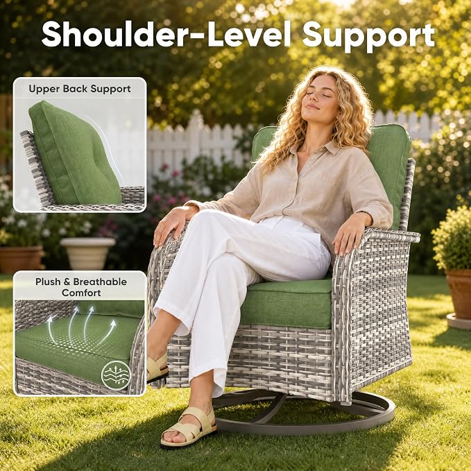 5-Piece Small Patio Furniture Set, Outdoor Swivel Rocking Chairs Set with Ottomans, Patio Bistro Set for Balcony, Deck, Porch, Grass Green
