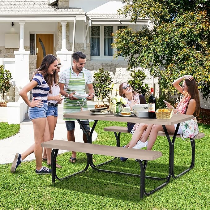 COSTWAY Outdoor Picnic Table, HDPE Plastic Picnic Table Bench Set with Weather Resistant Tabletop & Wood Texture, Ideal for Patio, Backyard (59" D x 54" W x 28.5" H,Brown)