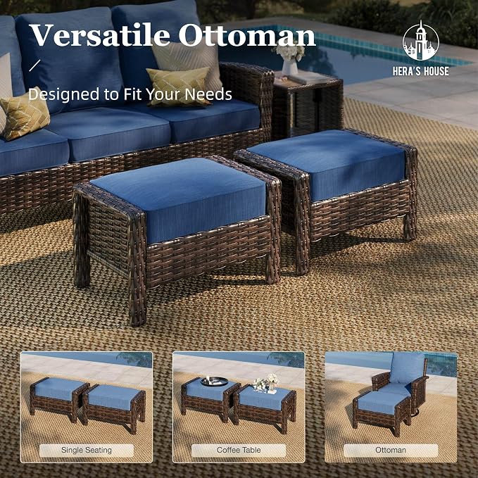 HERA'S HOUSE 8-Piece Outdoor Furniture Set with Fire Pit Table, Patio Conversation Set with 5.5-Inch Thick Cushions & High Back Swivel Chairs, All-Weather Wicker Deep Seating Sofa with Ottomans, Blue