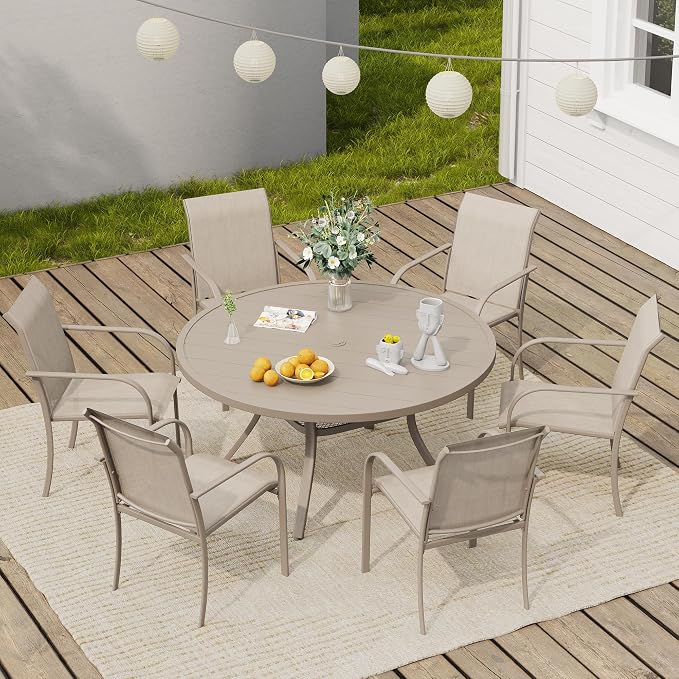 VICLLAX 47.2" Round Patio Table, Outdoor Dining Table for 6 with Umbrella Hole for Garden Lawn Deck Backyard, Sandshell