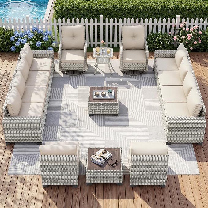 15-Piece Outdoor Patio Furniture Set with Rocking Swivel Chair Wicker Sectional Sofa Set, Patio Conversation Set with Thickened Cushions & Coffee Table for Garden, Backyard, White