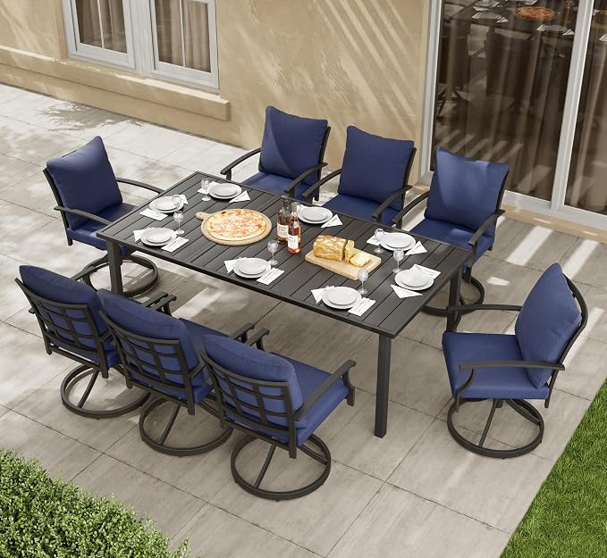 HAPPATIO 9-Piece Patio Dining Set, Outdoor Dining Set with Powder-Coated Metal,Dining Table with Umbrella Hole, 8 Swivel Chairs with Removable Cushions for Porch Poolside Garden,Navy Blue