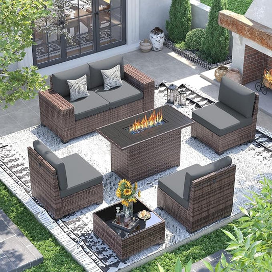 UDPATIO Patio Furniture Set with Fire Pit Table, 8 Inch Armrest 7 Piece Outdoor Sectional Sofas, All-Weather Wicker Conversation for Garden, Backyard, Brown/Dark Grey