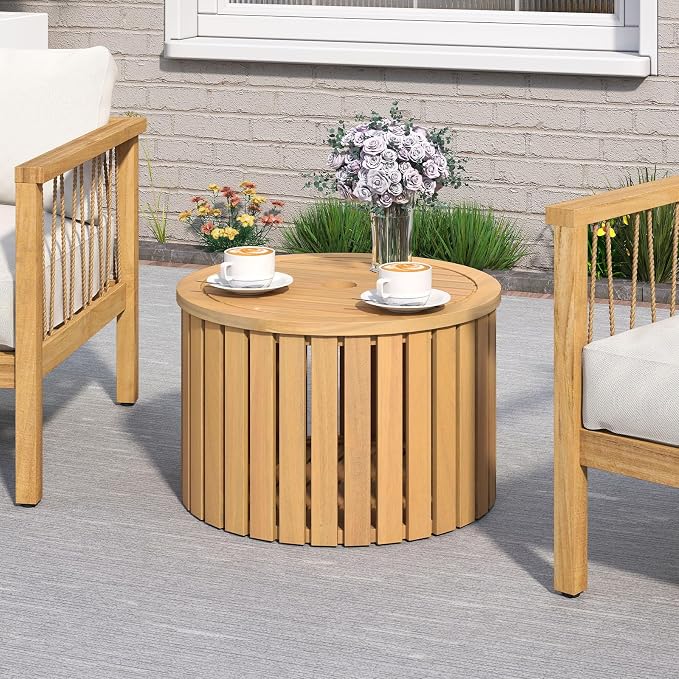 HAPPYGRILL Outdoor Side Table with Umbrella Hole, Acacia Wood End Table with Storage, Removable Base, Patio Storage Box for Backyard, Balcony, Poolside (Round)