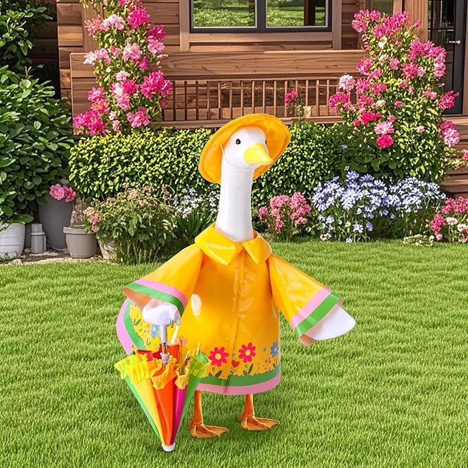 DECOHS 3 Pcs/Set Raincoat Porch Goose Outfits, Summer Lawn Goose Statue Raincoat Costume, Yard Goose Clothes Raincoats Umbrella Hat Outfit for 23" Statue Patio Garden Decoration (Yellow)