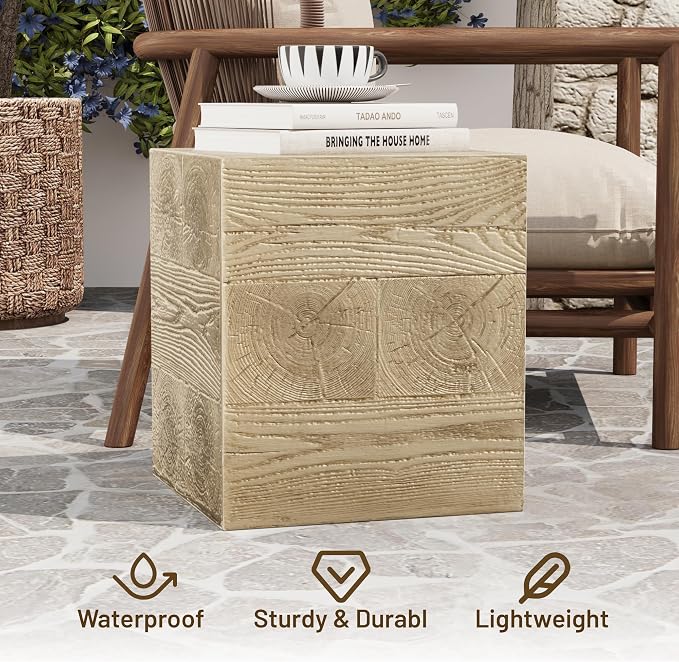 COSIEST Outdoor Side Table Faux Wood Patio End Table, Hand-Painted Wooden Plant Stand, Stool, Ottoman for Deck, Garden, Yard, Indoor