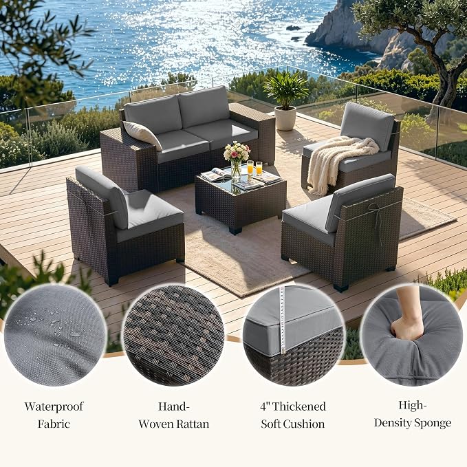 Patio Furniture Set 6 Pieces Outdoor Sectional Sofa Set,PE Rattan Wicker Patio Conversation Set with Thickened Cushions and Glass Coffee Table,Grey