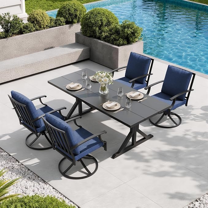 5 Pieces Patio Dining Set Outdoor Conversation Set,Metal Outdoor Furniture Set with Umbrella Hole Cut-Out 78.7" x 35.4" Table and 4 Metal Backrest Swivel Chairs for Backyard,Garden,NavyBlue