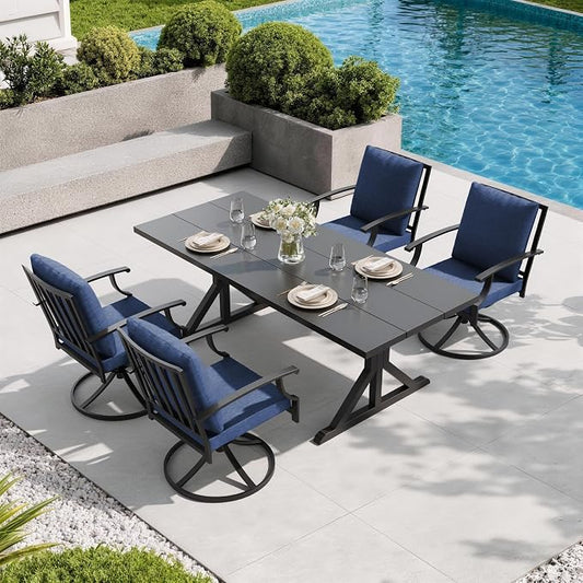 5 Pieces Patio Dining Set Outdoor Conversation Set,Metal Outdoor Furniture Set with Umbrella Hole Cut-Out 78.7" x 35.4" Table and 4 Metal Backrest Swivel Chairs for Backyard,Garden,NavyBlue