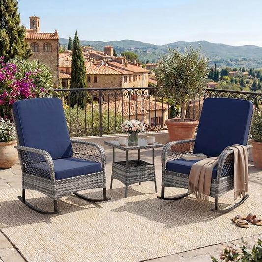 GarveeHome 3-Piece Outdoor Rocking Chair Set, Wicker Rattan Patio Furniture with Glass-Top Coffee Table, Modern Conversation Seating with Cushions for Porch, Backyard (Gary Rattan & Blue Cushion)