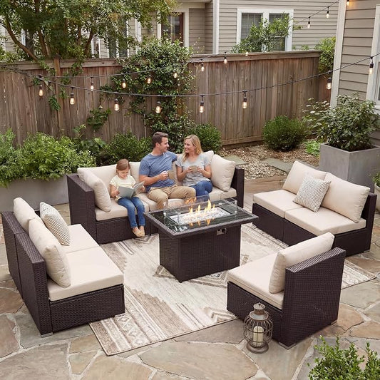 BULEXYARD 9 Piece High Back Outdoor Sectional Couch Set with Fire Pit, Elegant All-Weather Patio Furniture Set, Extra Large Size 8-Person Backyard Seating Group L-Shape for Yard, Deck, Brown & Beige