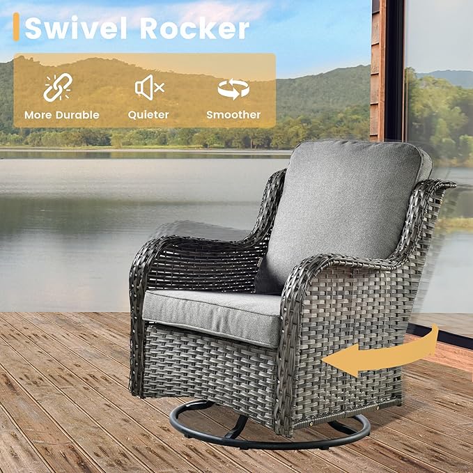 HOOOWOOO Patio Outdoor Sectional Furniture Sofa Set with Swivel Chairs,8 Piece L Shaped Corner Wicker Rattan Couch Set with Glass Table,Modern 6 Persons Summer Patio Conversation Set(Charcoal Gray)