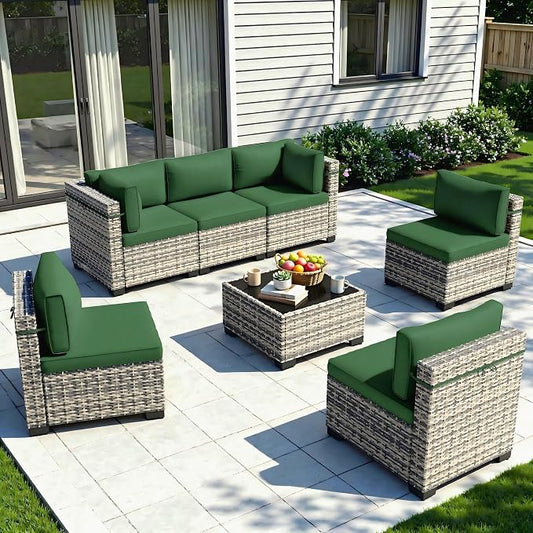 7-Piece Patio Furniture Set, Outdoor Sectional with Thick Cushions, Modular Patio Sofa, Dual-Strand Wicker Rattan, Rust-Resistant Frame, Backyard Furniture for Garden, Deck, Dark Green