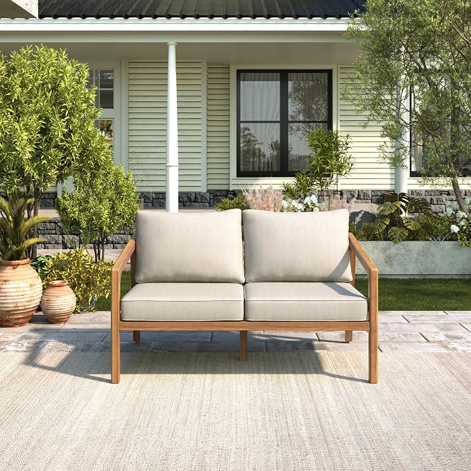 Merax 1 Piece Patio Outdoor Furniture Set, All-Weather Acacia Wood Lovesear Sofa w/Coushions for Porch, Lawn, Backyard, Balcony Teak+ Beige