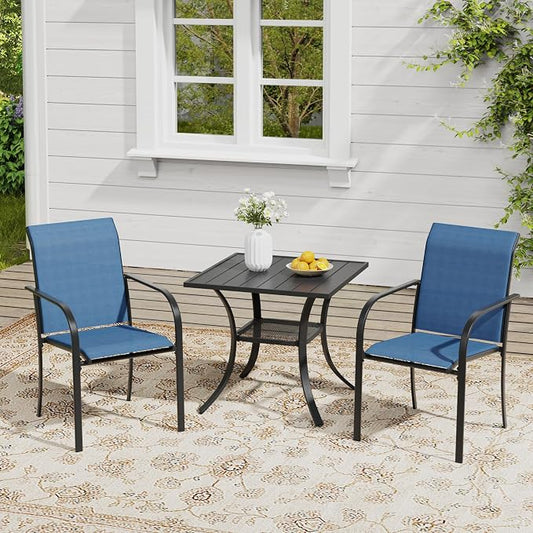 VICLLAX Outdoor Dining Set for 2, Small Patio Table and Chairs Set of Stackable Patio Sling Chairs and Square Dining Table for Front Porch, Blue Fabric and Black Table