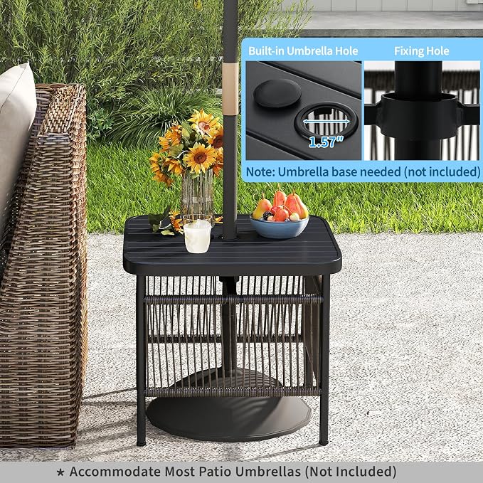 Tangkula Outdoor PE Rattan Side Table with 1.57” Umbrella Hole, Square Patio End Table with Metal Frame, Small Bistro Coffee Table for Porch, Balcony, Garden and Backyard (2)