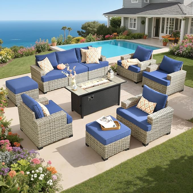 Rattan Patio Furniture Set with Fire Pit,10 Pieces Outdoor Sectional with Single Chair Ottoman,Out Door Furniture Conversation Set,Navy Blue