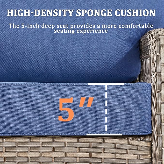 6 PCS Patio Furniture Set Outdoor Sectional Sofa Couch with Rocking Swivel Chairs 5" Deep Seat Chairs, Modern Wicker Rattan Conversation Set, Blue/Gray Wicker