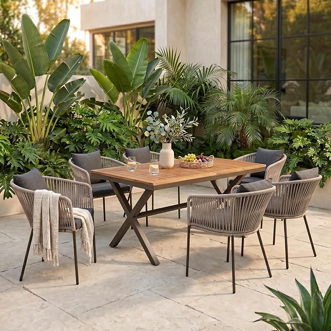 7PCS Outdoor Dining Set, Patio Table and Chairs Set for 6, Rope Weaving Patio Chairs with Thickened Cushions & Rectangular Dining Table with Metal Frame and Acacia Wood Tabletop, Gray