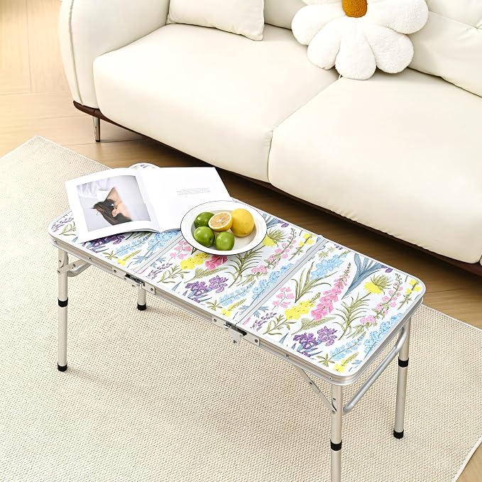 Yriuat Folding Camping Table 3ft Portable Picnic Table Adjustable Height Small Card Table Aluminum Foldable Lightweight with Carry Handle for Outdoor Indoor Hiking Camp BBQ Beach (Blooming Floral)