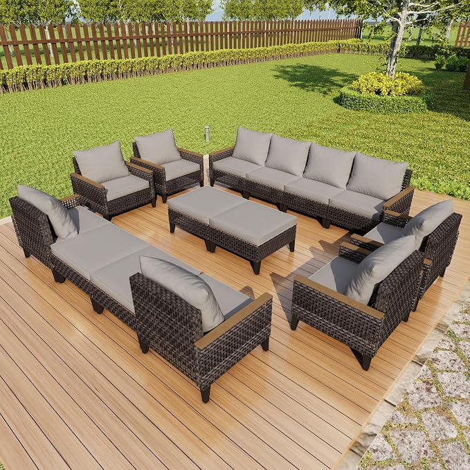 14 Pieces Patio Conversation Set, Wicker Rattan Sectional Modular Sofa Seating Set with Armchairs and Ottomans, Outdoor Furniture for Porch, Poolside, Deck, Balcony, Backyard, Yard (Gray Cushions)