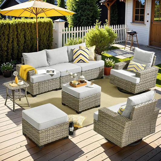 Patio Outdoor Furniture Set - All Weather Wicker Modular Sectional Sofa Couch,Patio Seating Outdoor Conversation Sets for Deck Yard Garden (Grey, 8 Pcs w/Swivel Glider)