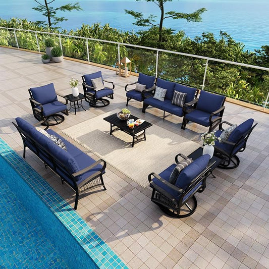 11 Pieces Patio Conversation Sets, All-Weather Metal Swivel Rocking Chairs with Rope Furniture Set, Outdoor Sofa Couch for Deck, Porch, Garden, Backyard, Poolside (Blue Cushions)