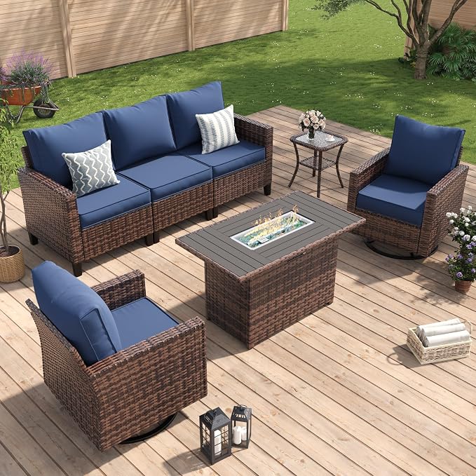 Amopatio Patio Furniture Set with Fire Pit Table, Wicker Outdoor Sectional Sofa with Swivel Rocker Chairs, All-Weather Rattan Conversation Set, Waterproof Cover for Backyard, Deck Brown/Navy 5 PCS